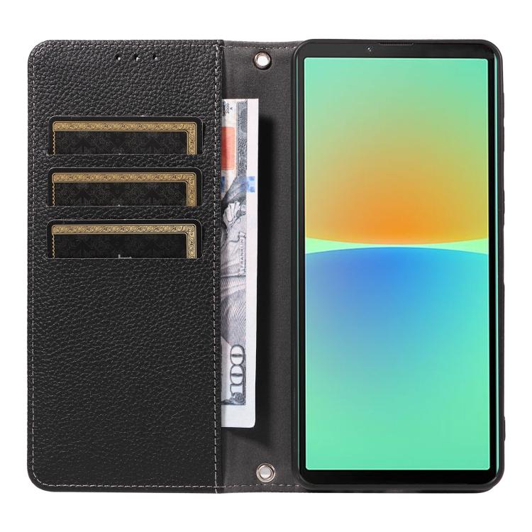 For Sony Xperia 10 IV Litchi Texture Dual-Folded Magnetic Suction Vegan Leather Phone Case with Strap