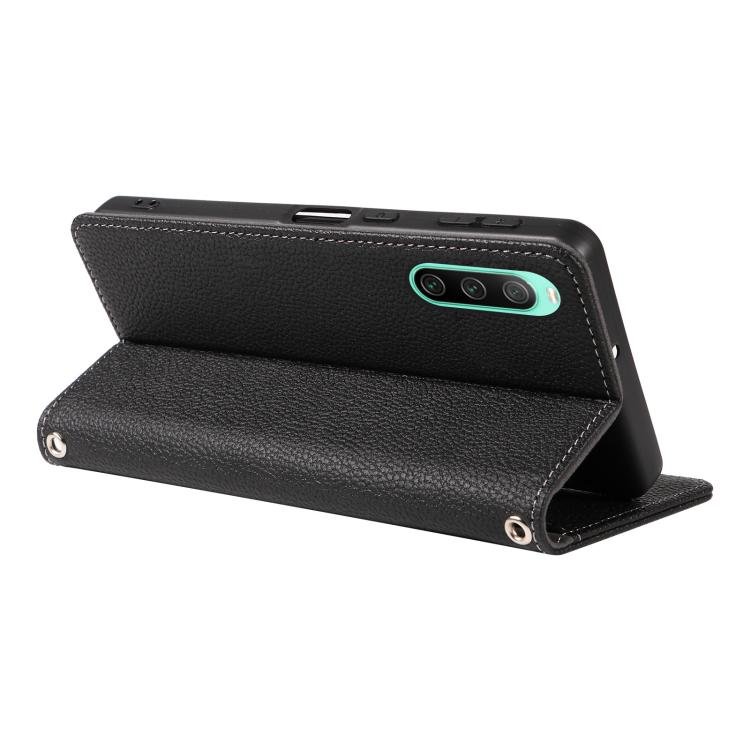 For Sony Xperia 10 IV Litchi Texture Dual-Folded Magnetic Suction Vegan Leather Phone Case with Strap