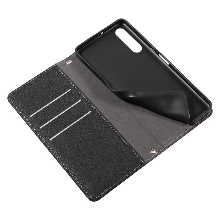 For Sony Xperia 10 IV Litchi Texture Dual-Folded Magnetic Suction Vegan Leather Phone Case with Strap