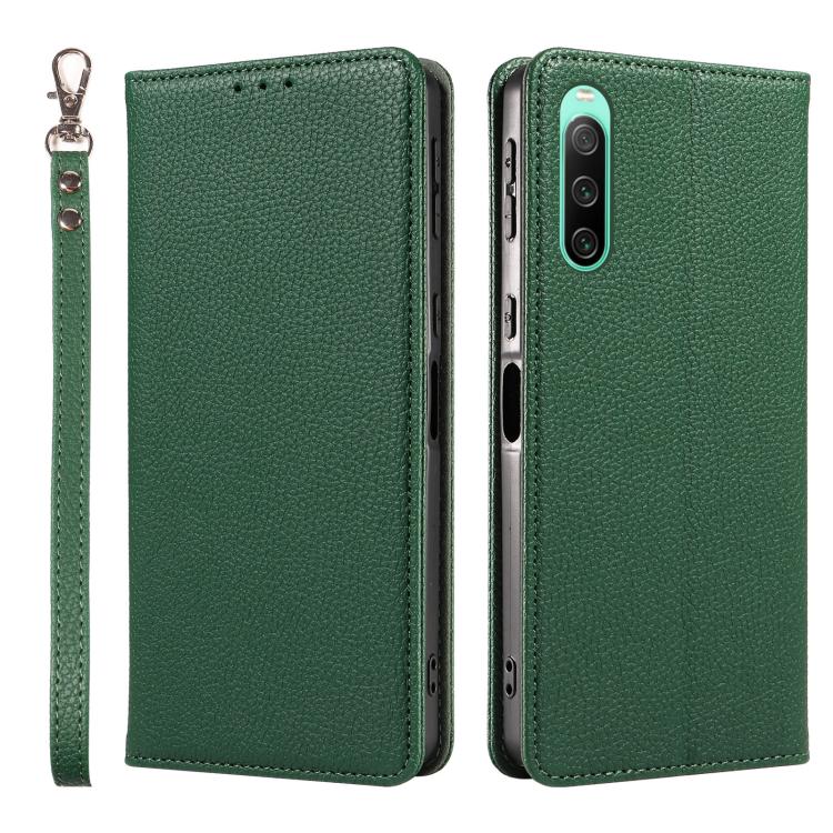 For Sony Xperia 10 IV Litchi Texture Dual-Folded Magnetic Suction Vegan Leather Phone Case with Strap