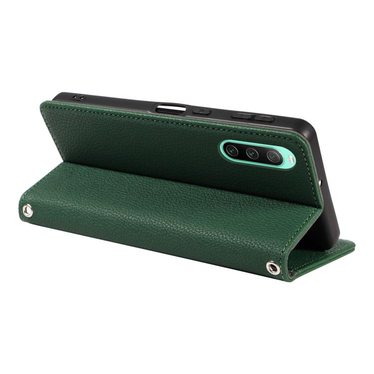 For Sony Xperia 10 IV Litchi Texture Dual-Folded Magnetic Suction Vegan Leather Phone Case with Strap