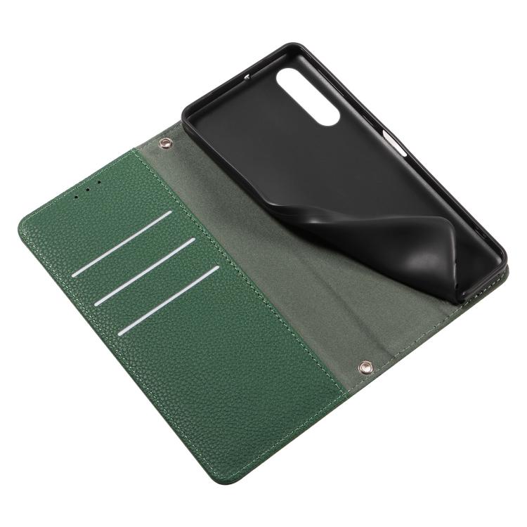 For Sony Xperia 10 IV Litchi Texture Dual-Folded Magnetic Suction Vegan Leather Phone Case with Strap