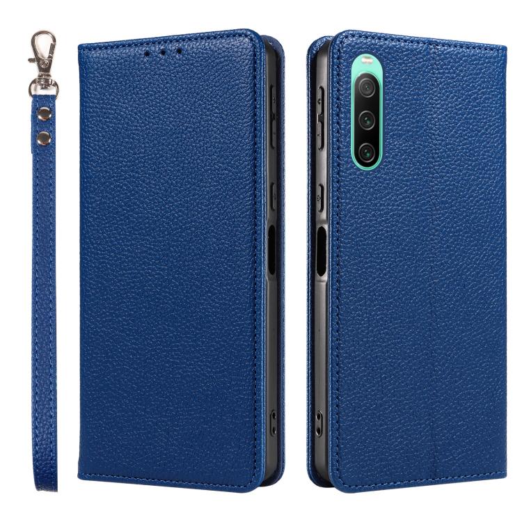 For Sony Xperia 10 IV Litchi Texture Dual-Folded Magnetic Suction Vegan Leather Phone Case with Strap
