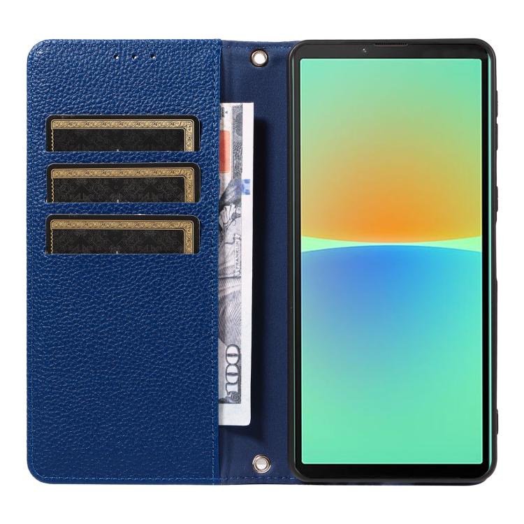 For Sony Xperia 10 IV Litchi Texture Dual-Folded Magnetic Suction Vegan Leather Phone Case with Strap