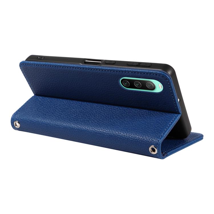 For Sony Xperia 10 IV Litchi Texture Dual-Folded Magnetic Suction Vegan Leather Phone Case with Strap