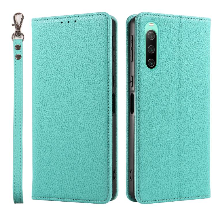 For Sony Xperia 10 IV Litchi Texture Dual-Folded Magnetic Suction Vegan Leather Phone Case with Strap
