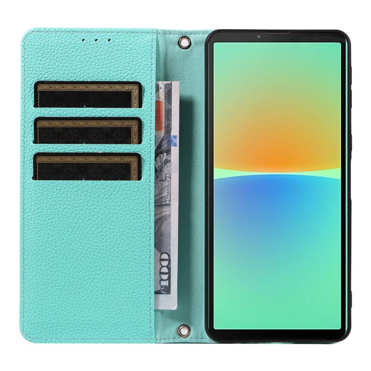 For Sony Xperia 10 IV Litchi Texture Dual-Folded Magnetic Suction Vegan Leather Phone Case with Strap
