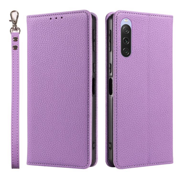 For Sony Xperia 10 V Litchi Texture Dual-Folded Magnetic Suction Vegan Leather Phone Case with Strap