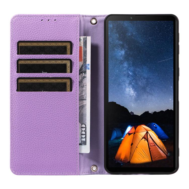 For Sony Xperia 10 V Litchi Texture Dual-Folded Magnetic Suction Vegan Leather Phone Case with Strap