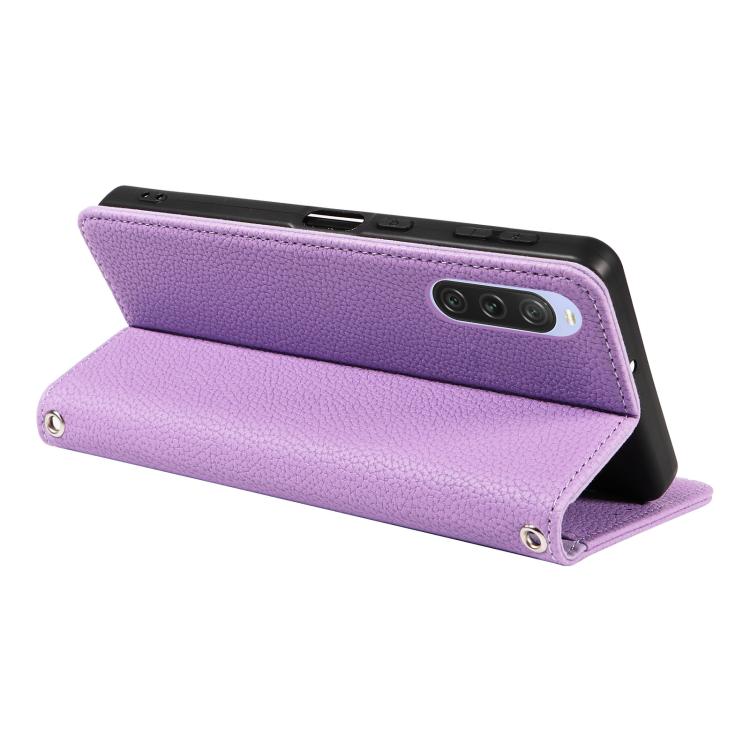 For Sony Xperia 10 V Litchi Texture Dual-Folded Magnetic Suction Vegan Leather Phone Case with Strap