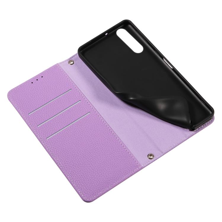 For Sony Xperia 10 V Litchi Texture Dual-Folded Magnetic Suction Vegan Leather Phone Case with Strap