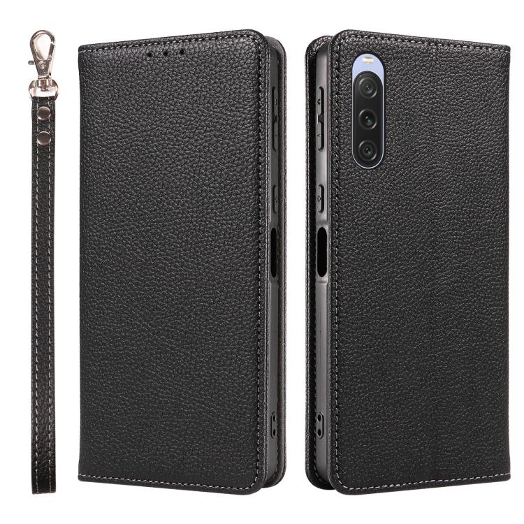 For Sony Xperia 10 V Litchi Texture Dual-Folded Magnetic Suction Vegan Leather Phone Case with Strap