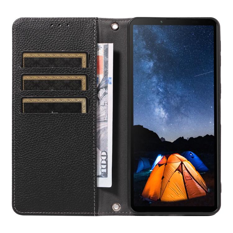 For Sony Xperia 10 V Litchi Texture Dual-Folded Magnetic Suction Vegan Leather Phone Case with Strap