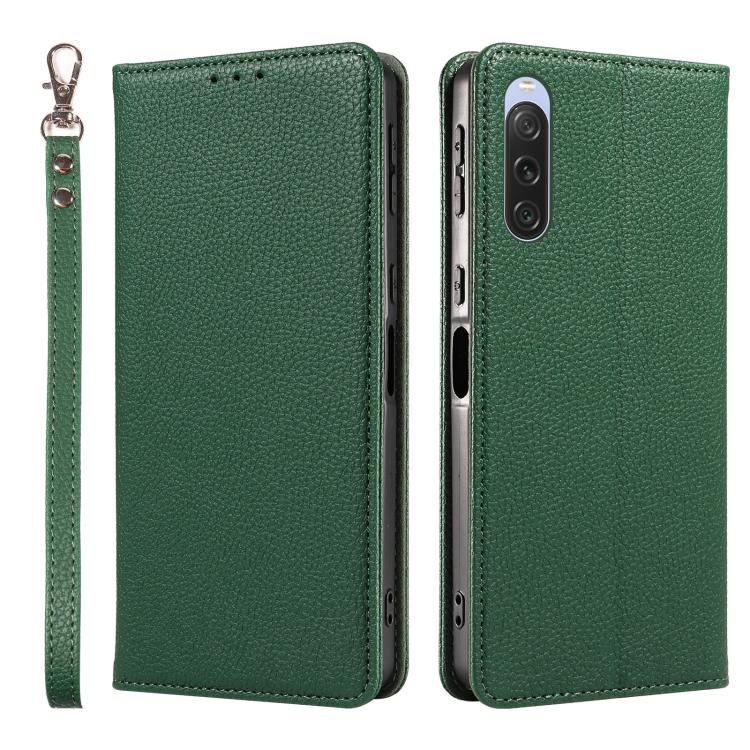 For Sony Xperia 10 V Litchi Texture Dual-Folded Magnetic Suction Vegan Leather Phone Case with Strap