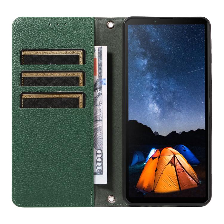 For Sony Xperia 10 V Litchi Texture Dual-Folded Magnetic Suction Vegan Leather Phone Case with Strap