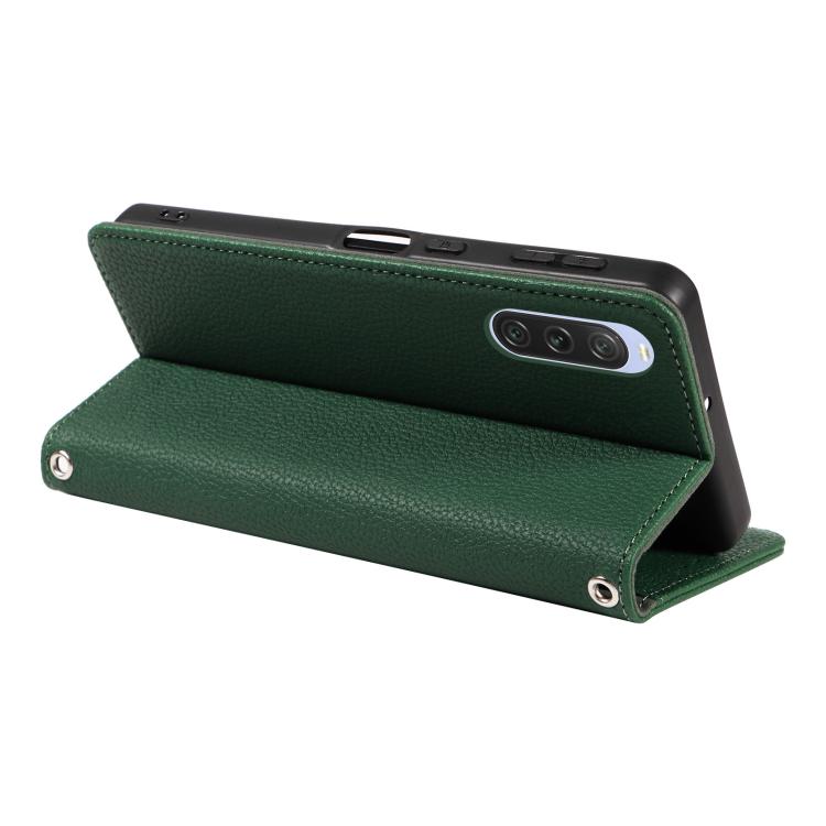 For Sony Xperia 10 V Litchi Texture Dual-Folded Magnetic Suction Vegan Leather Phone Case with Strap