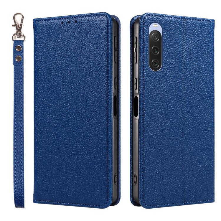 For Sony Xperia 10 V Litchi Texture Dual-Folded Magnetic Suction Vegan Leather Phone Case with Strap