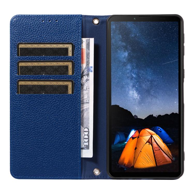 For Sony Xperia 10 V Litchi Texture Dual-Folded Magnetic Suction Vegan Leather Phone Case with Strap