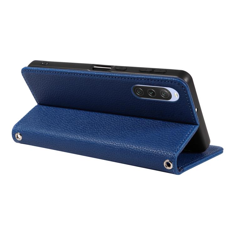 For Sony Xperia 10 V Litchi Texture Dual-Folded Magnetic Suction Vegan Leather Phone Case with Strap