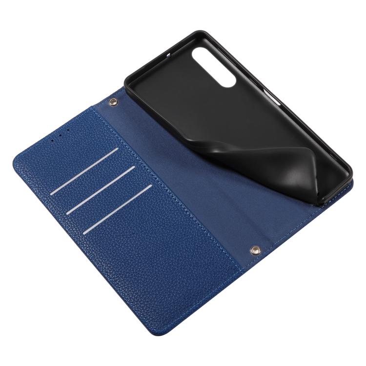 For Sony Xperia 10 V Litchi Texture Dual-Folded Magnetic Suction Vegan Leather Phone Case with Strap