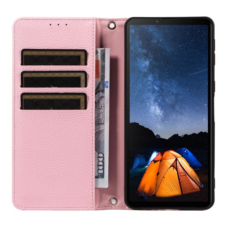 For Sony Xperia 10 V Litchi Texture Dual-Folded Magnetic Suction Vegan Leather Phone Case with Strap