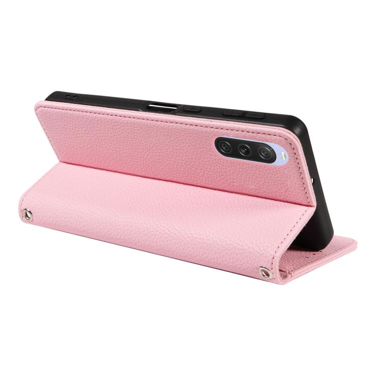 For Sony Xperia 10 V Litchi Texture Dual-Folded Magnetic Suction Vegan Leather Phone Case with Strap