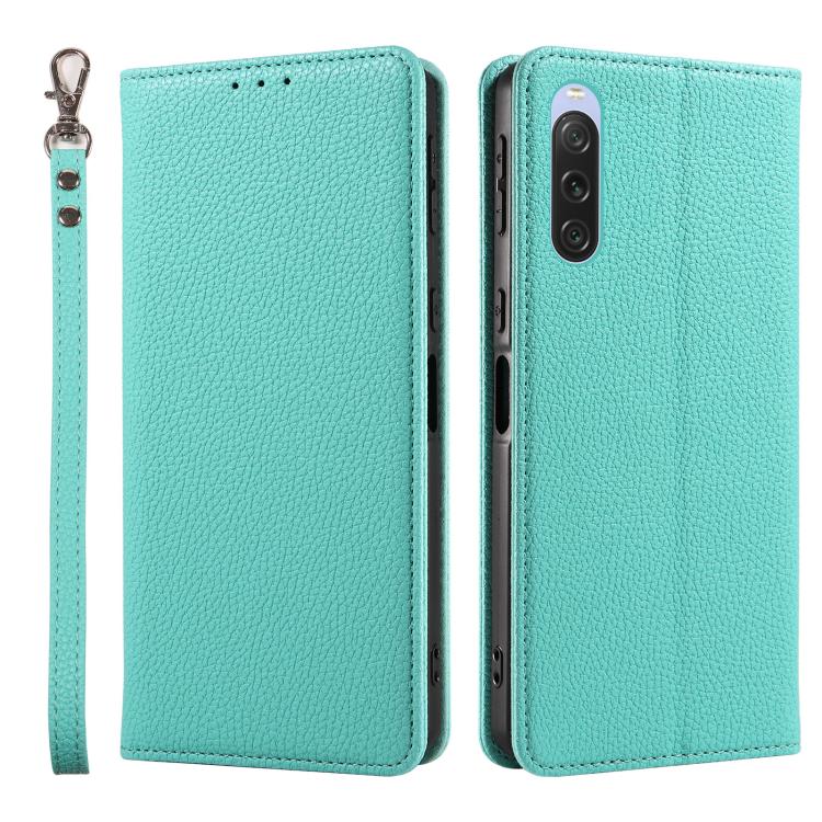 For Sony Xperia 10 V Litchi Texture Dual-Folded Magnetic Suction Vegan Leather Phone Case with Strap