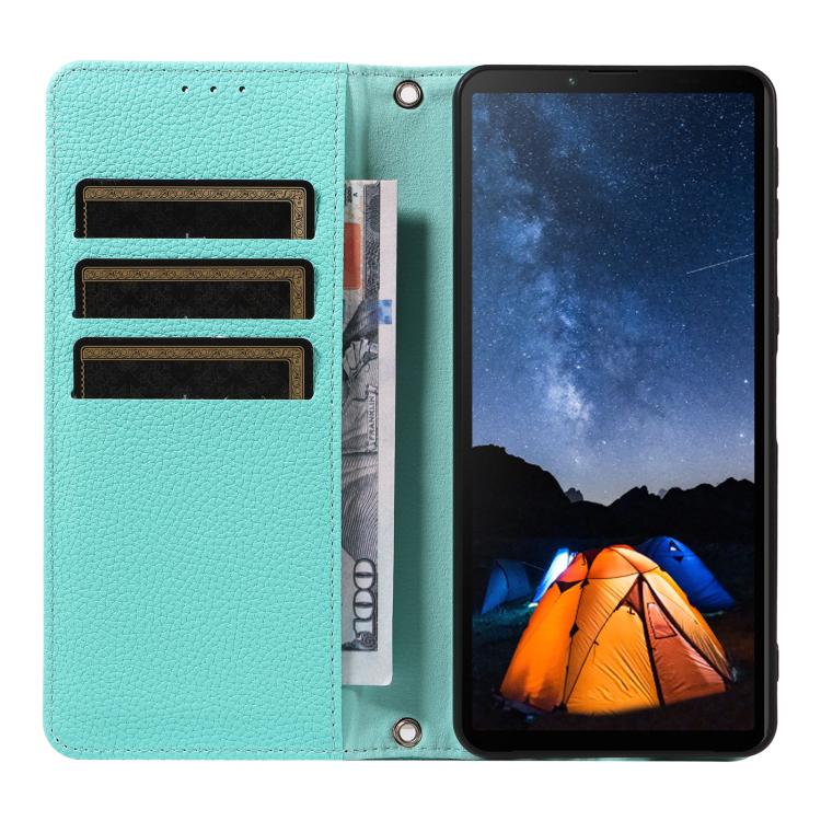 For Sony Xperia 10 V Litchi Texture Dual-Folded Magnetic Suction Vegan Leather Phone Case with Strap