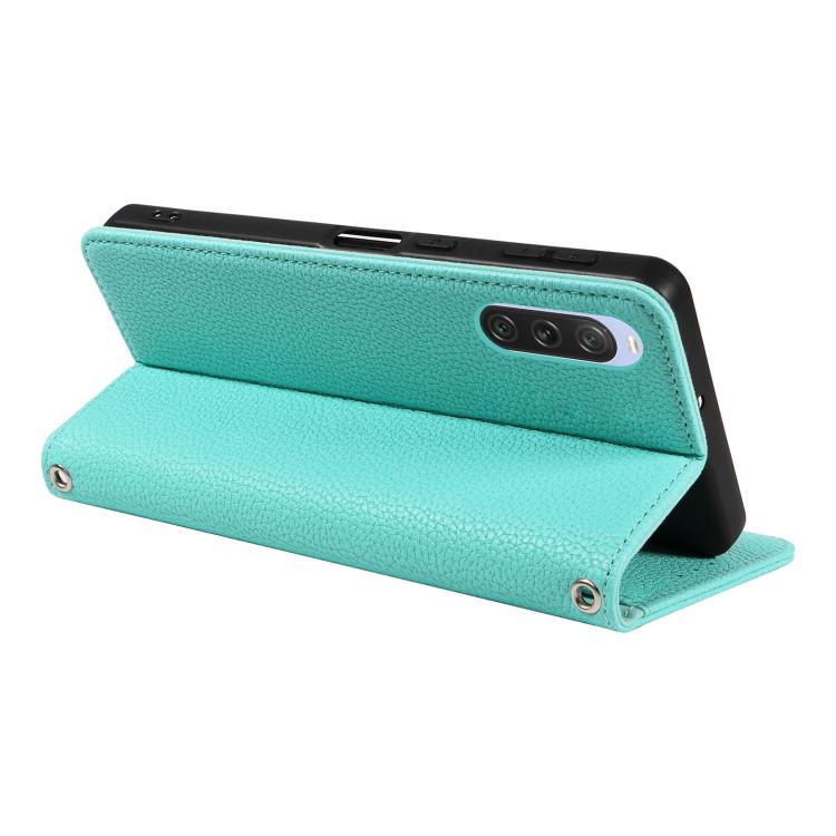 For Sony Xperia 10 V Litchi Texture Dual-Folded Magnetic Suction Vegan Leather Phone Case with Strap