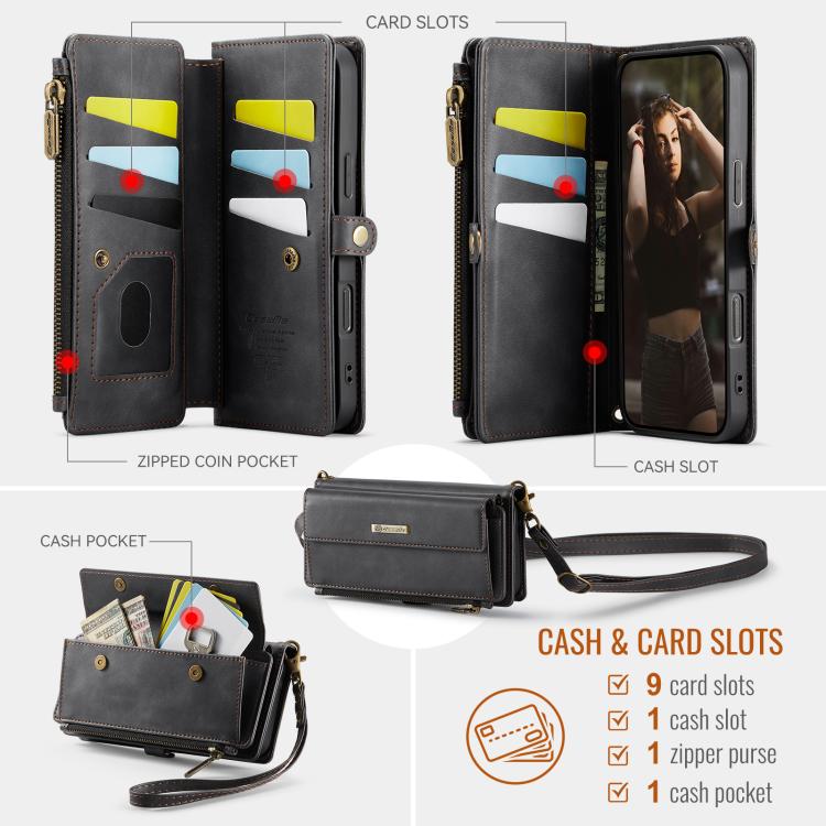 For iPhone 16 Pro Max CaseMe C39 RFID Blocking Zipper Wallet Leather Phone Case with Crossbody Strap