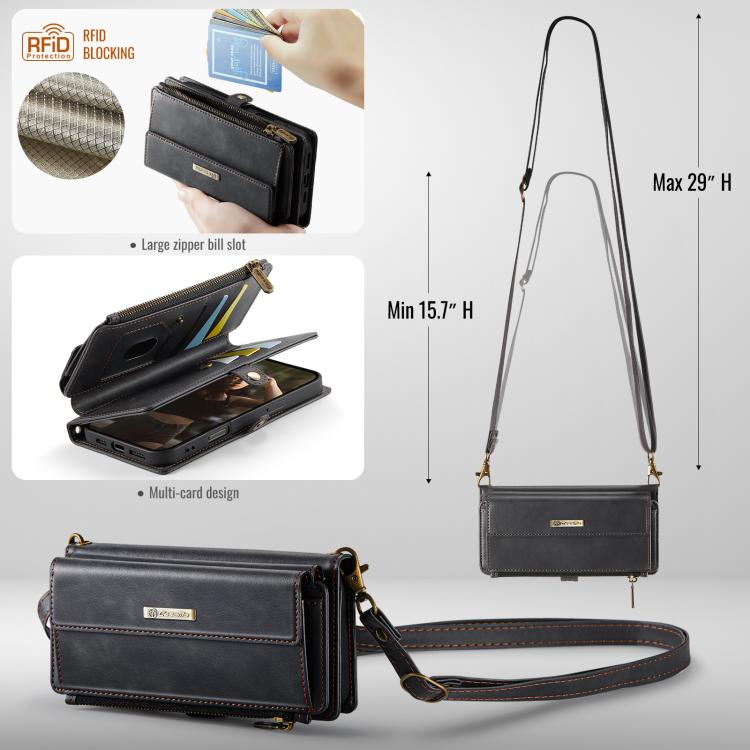 For iPhone 16 Pro Max CaseMe C39 RFID Blocking Zipper Wallet Leather Phone Case with Crossbody Strap