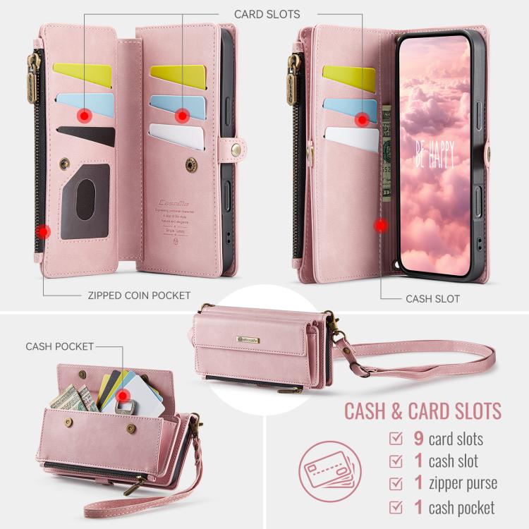 For iPhone 16 Pro Max CaseMe C39 RFID Blocking Zipper Wallet Leather Phone Case with Crossbody Strap