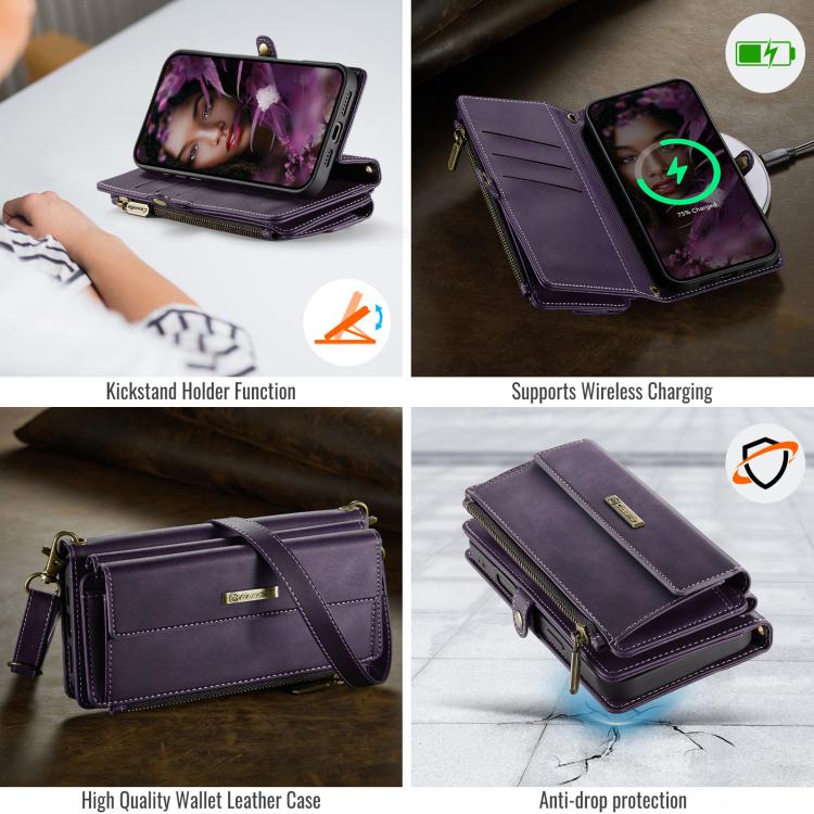 For iPhone 16 Pro Max CaseMe C39 RFID Blocking Zipper Wallet Leather Phone Case with Crossbody Strap