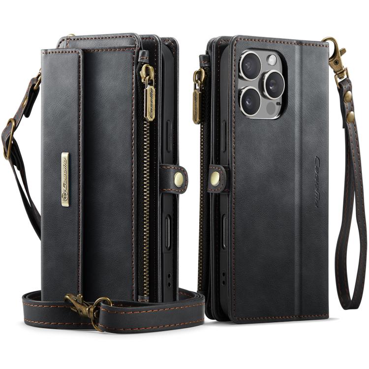 For iPhone 16 Pro CaseMe C39 RFID Blocking Zipper Wallet Leather Phone Case with Crossbody Strap