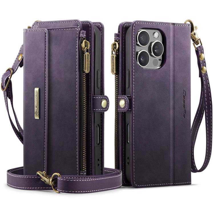 For iPhone 16 Pro CaseMe C39 RFID Blocking Zipper Wallet Leather Phone Case with Crossbody Strap