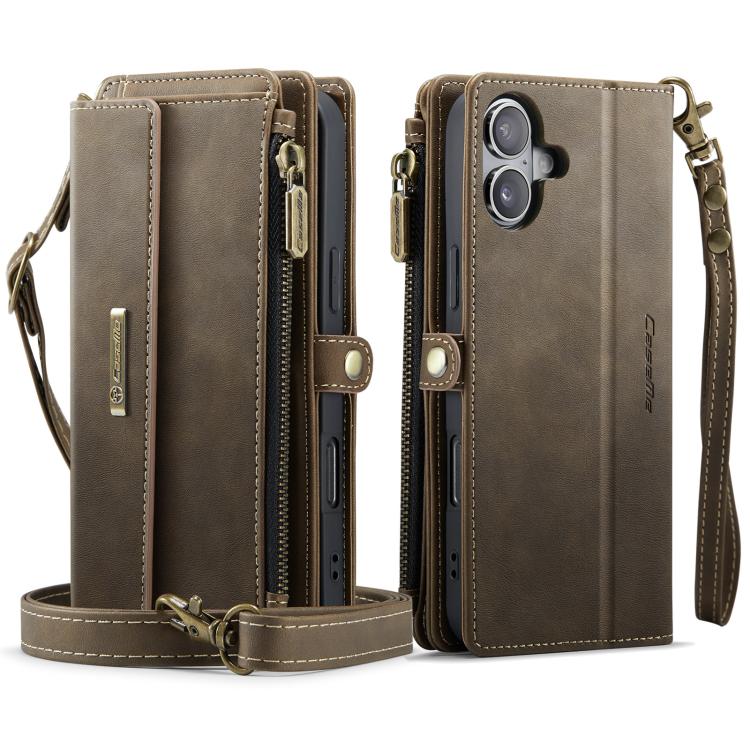 For iPhone 16 Plus CaseMe C39 RFID Blocking Zipper Wallet Leather Phone Case with Crossbody Strap