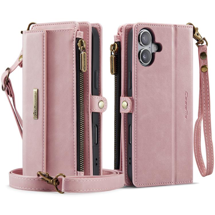 For iPhone 16 Plus CaseMe C39 RFID Blocking Zipper Wallet Leather Phone Case with Crossbody Strap