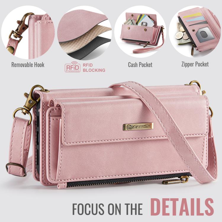 For iPhone 16 Plus CaseMe C39 RFID Blocking Zipper Wallet Leather Phone Case with Crossbody Strap