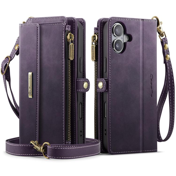 For iPhone 16 Plus CaseMe C39 RFID Blocking Zipper Wallet Leather Phone Case with Crossbody Strap