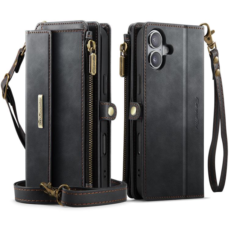 For iPhone 16 CaseMe C39 RFID Blocking Zipper Wallet Leather Phone Case with Crossbody Strap