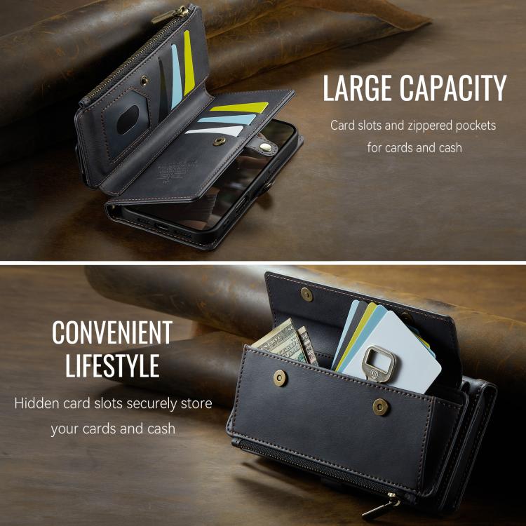 For iPhone 16 CaseMe C39 RFID Blocking Zipper Wallet Leather Phone Case with Crossbody Strap