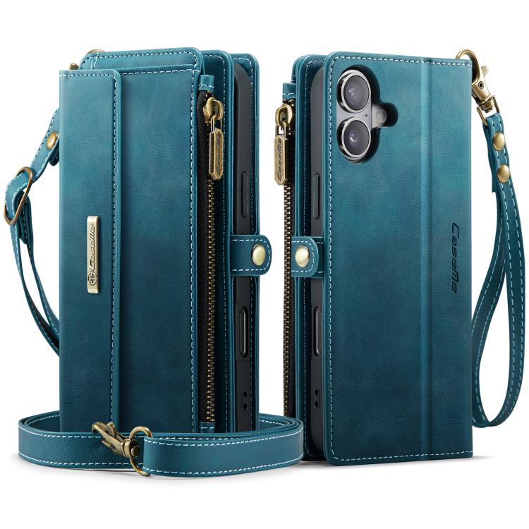 For iPhone 16 CaseMe C39 RFID Blocking Zipper Wallet Leather Phone Case with Crossbody Strap