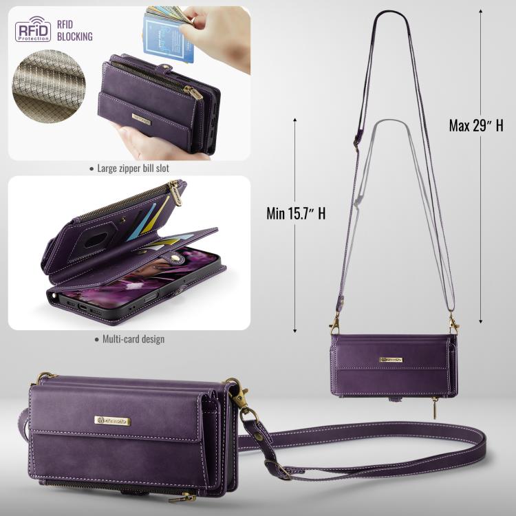 For iPhone 16 CaseMe C39 RFID Blocking Zipper Wallet Leather Phone Case with Crossbody Strap
