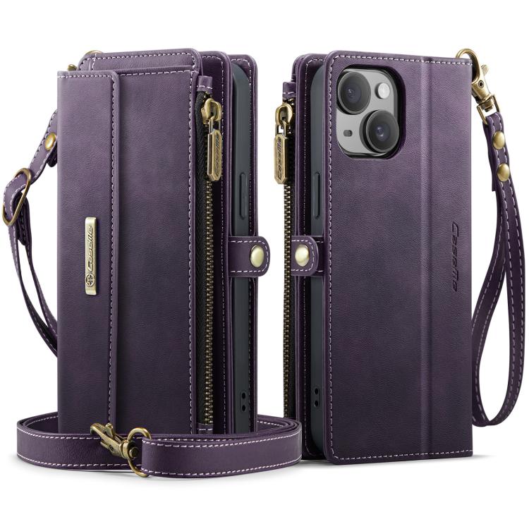 For iPhone 15 Plus CaseMe C39 RFID Blocking Zipper Wallet Leather Phone Case with Crossbody Strap