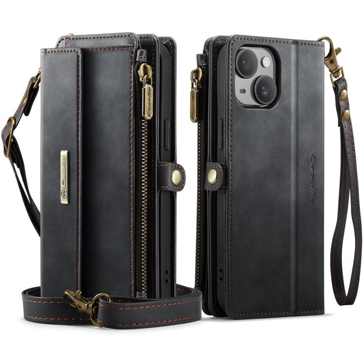 For iPhone 14 Plus CaseMe C39 RFID Blocking Zipper Wallet Leather Phone Case with Crossbody Strap