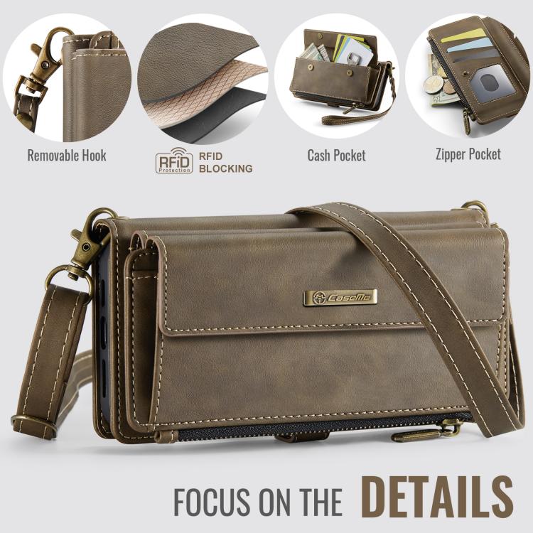 For iPhone 14 Plus CaseMe C39 RFID Blocking Zipper Wallet Leather Phone Case with Crossbody Strap