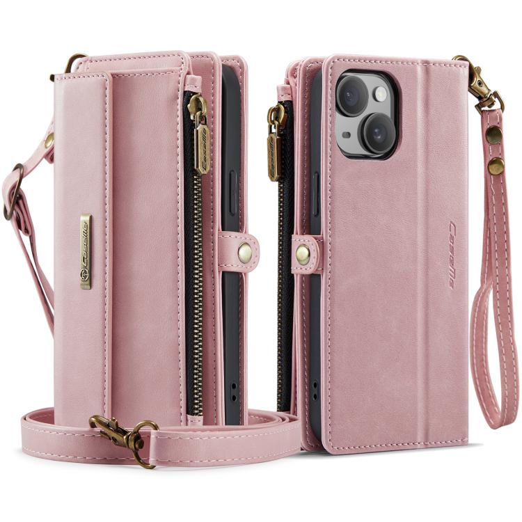 For iPhone 14 Plus CaseMe C39 RFID Blocking Zipper Wallet Leather Phone Case with Crossbody Strap