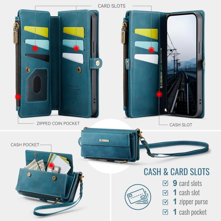 For iPhone 14 Plus CaseMe C39 RFID Blocking Zipper Wallet Leather Phone Case with Crossbody Strap