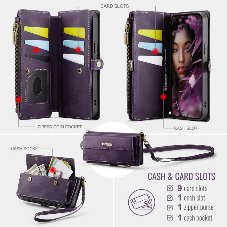 For iPhone 14 Plus CaseMe C39 RFID Blocking Zipper Wallet Leather Phone Case with Crossbody Strap