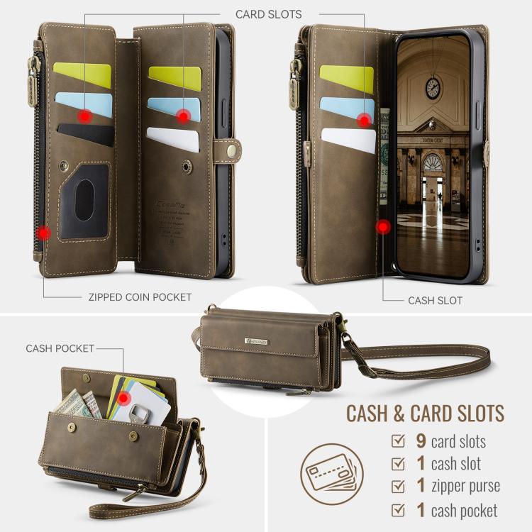 For iPhone 14 CaseMe C39 RFID Blocking Zipper Wallet Leather Phone Case with Crossbody Strap